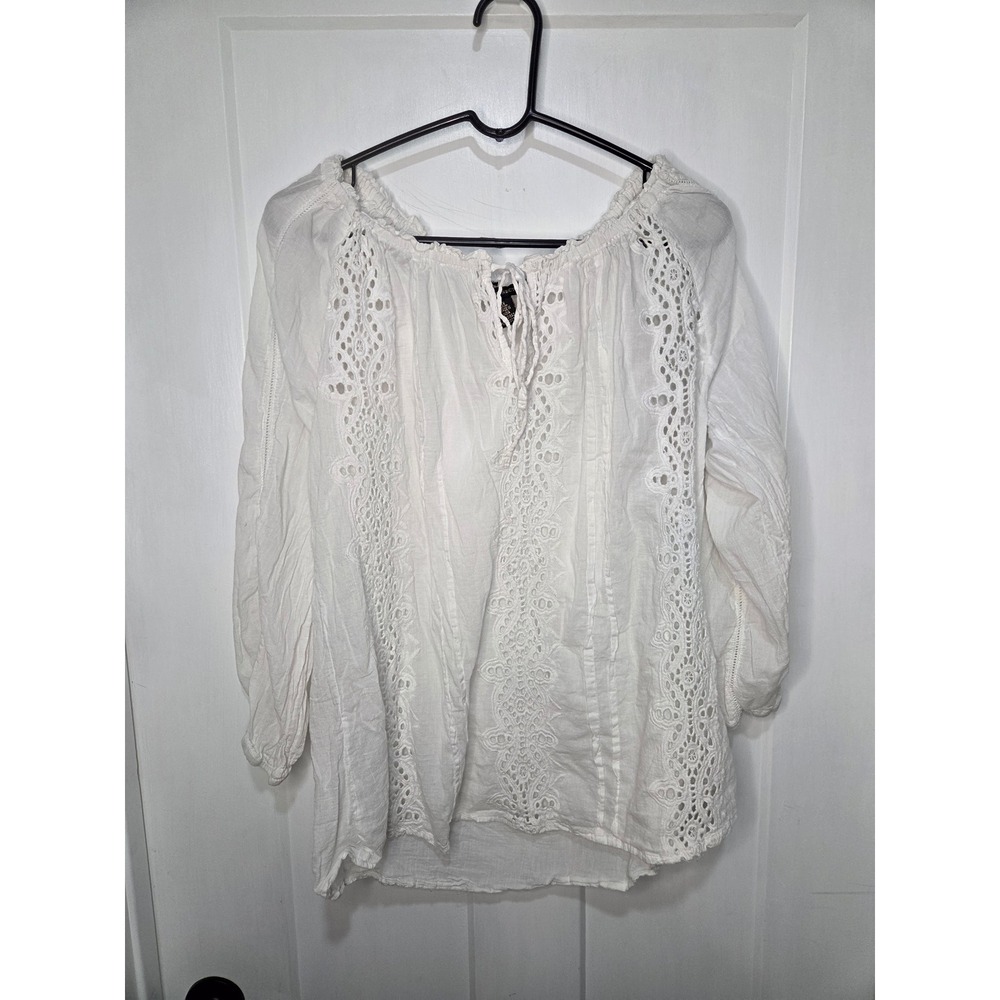Chic Connection White Eyelet Lace Peasant Blouse Cotton Boho Top 1X Plus Size‎